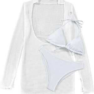 Sexy Long Sleeve Mesh Swimsuit 3 Pieces Cover Up Bikini Set
